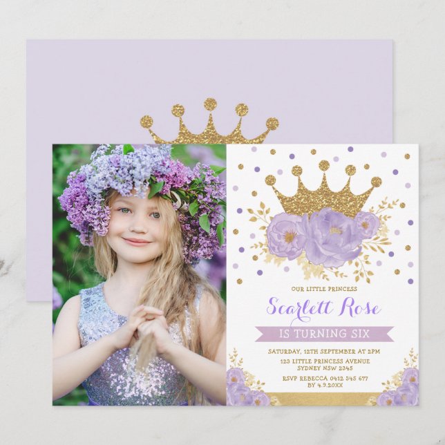 Invitation Purple Floral Royal Crown Princess Anniversaire (Devant / Derrière)