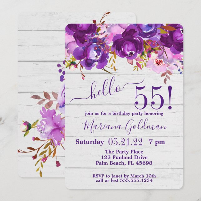 Invitation Purple Floral Rustic 55e fête d'anniversaire (Devant / Derrière)
