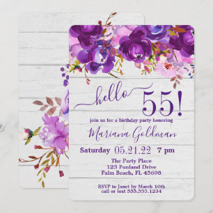 Invitation Purple Floral Rustic 55e fête d'anniversaire