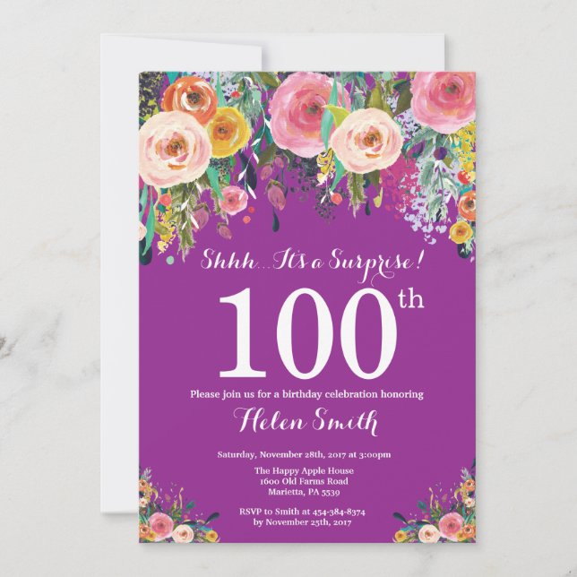 Invitation Purple Floral Surprise 100e anniversaire Invitatio (Devant)