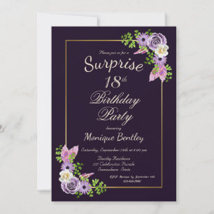 Invitation Purple Floral Surprise 18e fête d'anniversaire