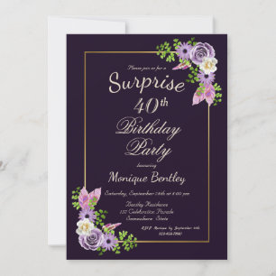 Invitation Purple Floral Surprise 40e fête d'anniversaire