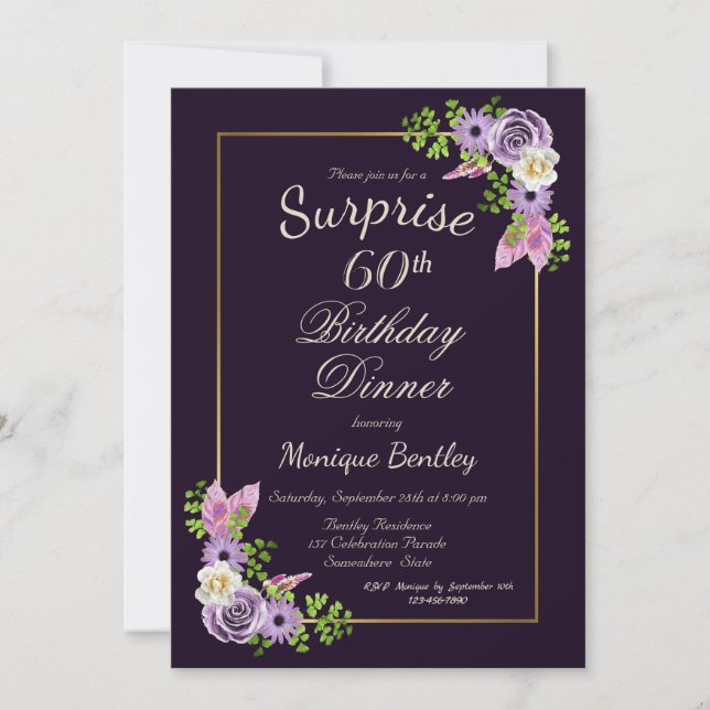 Invitation Purple Floral Surprise 60e Anniversaire Dîner (Devant)