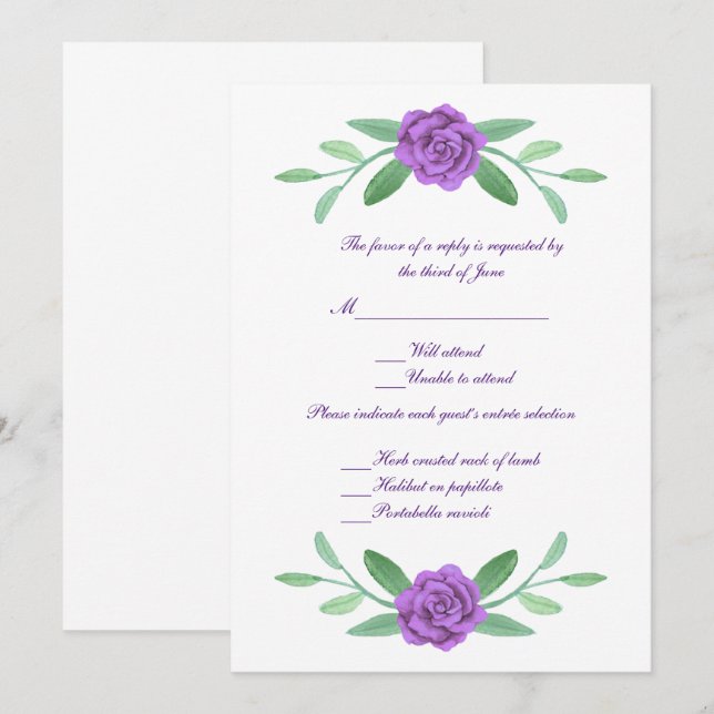 Invitation Purple Floral Vert Feuillage Mariage Réponse (Devant / Derrière)
