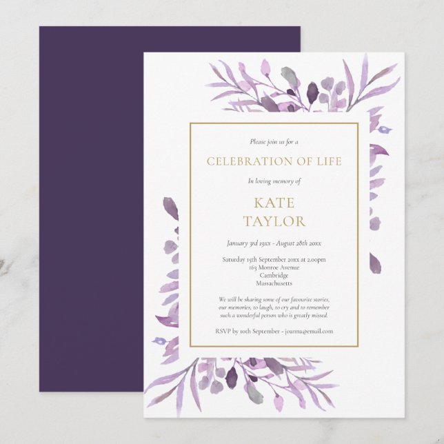 Invitation Purple Foliage Gold Célébration de la vie funérair (Devant / Derrière)