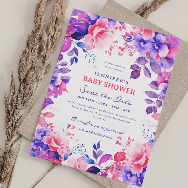 Invitation Purple Garden Floral Baby shower Date de sauvegard (Purple Garden Floral Baby Shower Save Date Invitation)