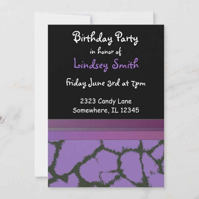 Invitation Purple Giraffe Fourrure Motif Anniversaire Invitat (Devant)