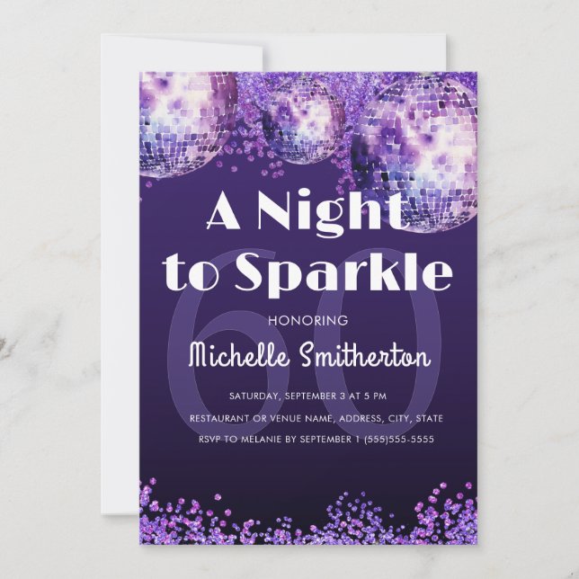 Invitation Purple Glitter Disco Night to Sparkle Glam 60th  (Devant)