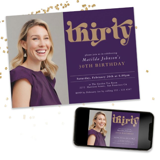 Invitation Purple Gold 30e fête d'anniversaire (Purple Gold 30th Birthday Party Invitation)