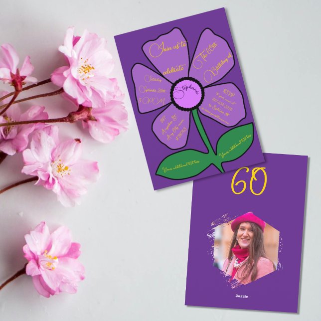 Invitation Purple & Gold 60e anniversaire simple Doodle Flowe (Créateur téléchargé)