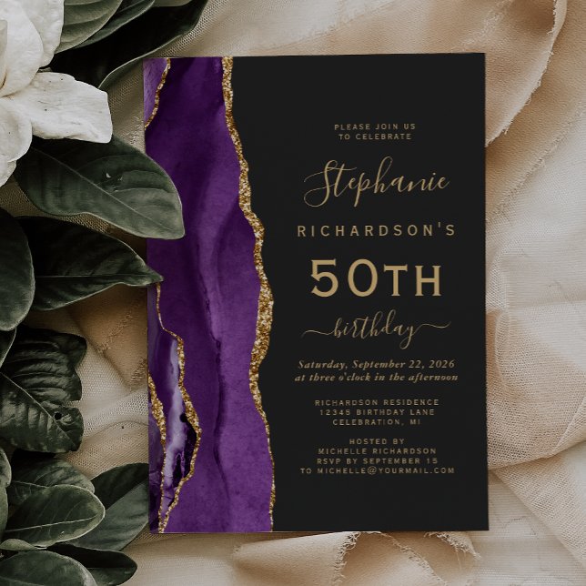 Invitation Purple Gold Agate Dark 50e fête d'anniversaire (Créateur téléchargé)