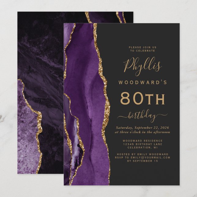 Invitation Purple Gold Agate Dark 80e fête d'anniversaire (Devant / Derrière)