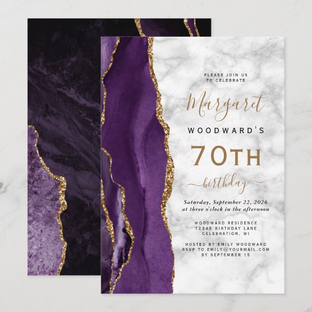 Invitation Purple Gold Agate Marbre 70e fête d'anniversaire (Devant / Derrière)