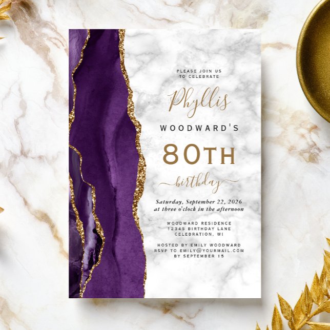 Invitation Purple Gold Agate Marbre 80e fête d'anniversaire (Créateur téléchargé)
