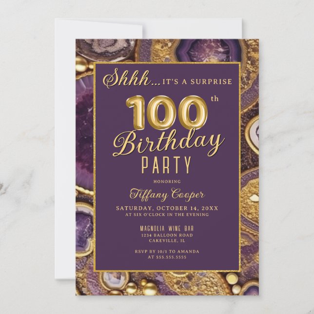 Invitation Purple Gold Agate Surprise 100e fête d'anniversair (Devant)