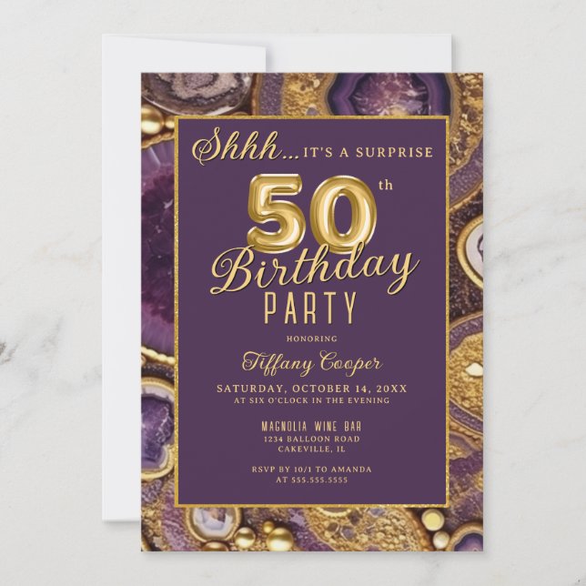 Invitation Purple Gold Agate Surprise 50e fête d'anniversaire (Devant)