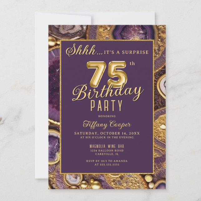Invitation Purple Gold Agate Surprise 75e fête d'anniversaire (Devant)