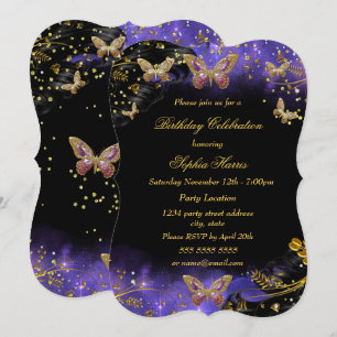Invitation Purple Gold Black Butterfly Sparkle fête d'anniver