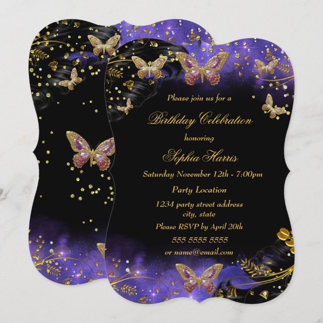 Invitation Purple Gold Black Butterfly Sparkle fête d'anniver (Devant / Derrière)