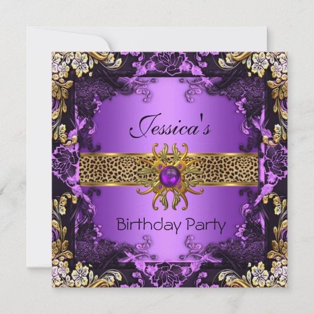 Invitation Purple Gold Black Leopard fête d'anniversaire 2 (Devant)