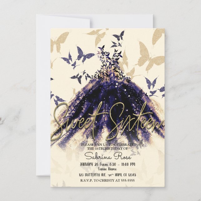 Invitation Purple Gold Butterfly Dance robe sucré 16 Partie (Devant)