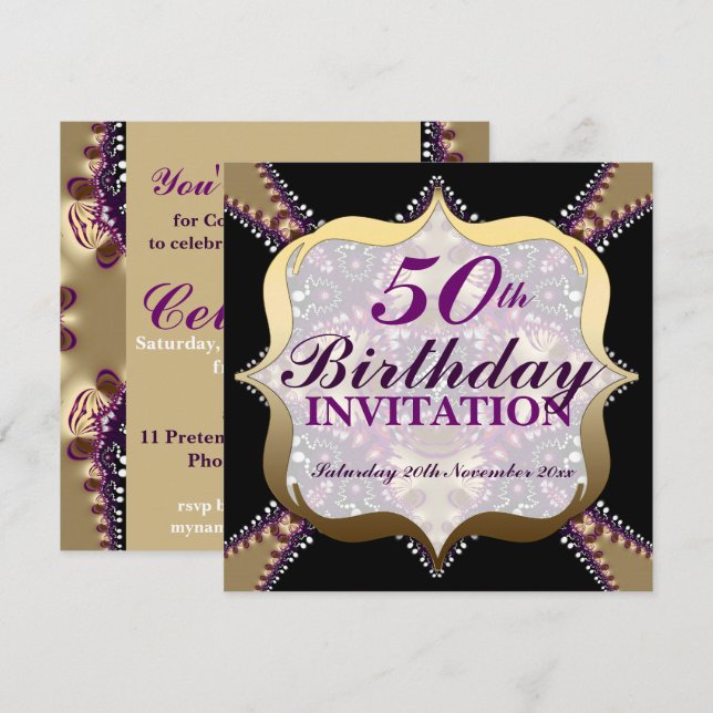 Invitation Purple+Gold Célébrations d'anniversaire du 50e ann (Devant / Derrière)