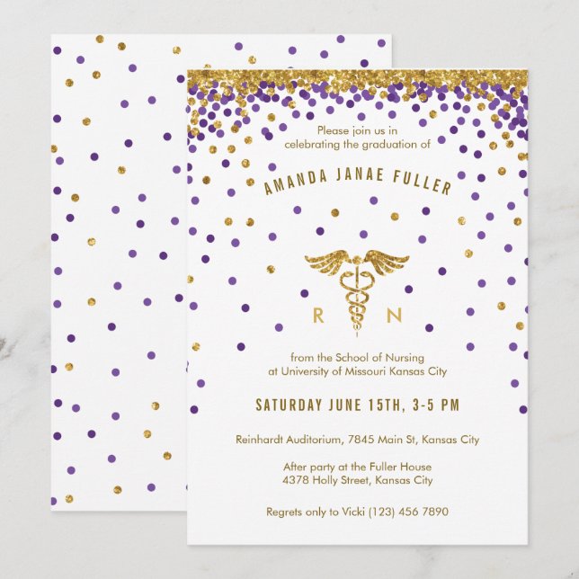 Invitation Purple & Gold Confetti Infirmière Graduation Invit (Devant / Derrière)