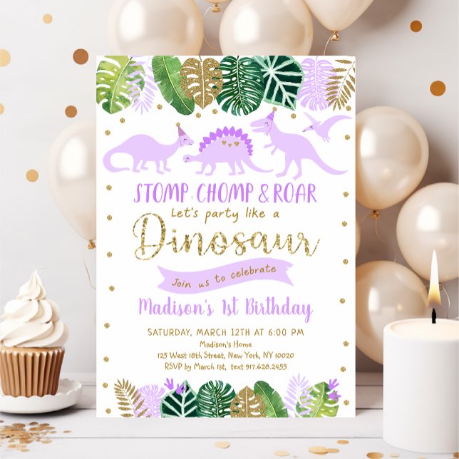 Invitation Purple Gold Dinosaur fille Anniversaire (Créateur téléchargé)