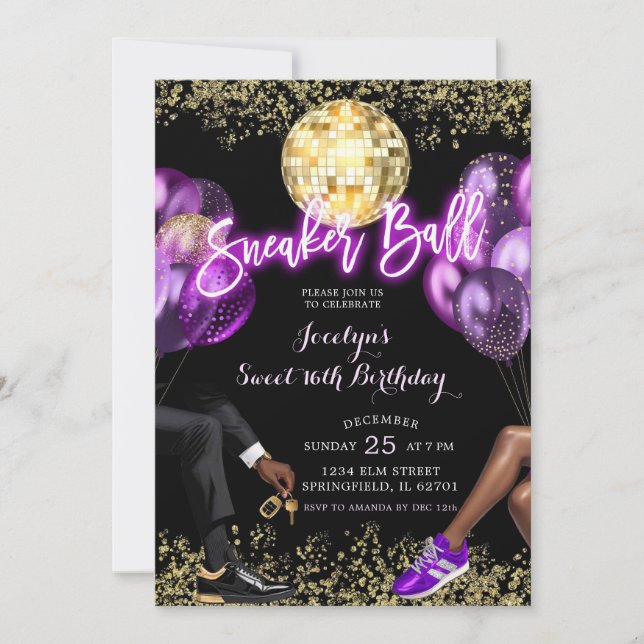 Invitation Purple Gold Disco Ball Basket Anniversaire (Devant)