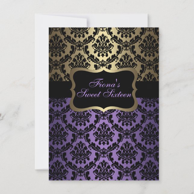 Invitation Purple & Gold Elegant Damask Birthday Invite (Devant)