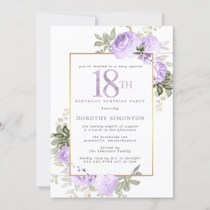 Invitation Purple Gold Floral 18e anniversaire Surprise Party
