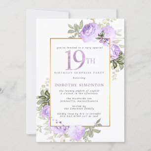 Invitation Purple Gold Floral 19e anniversaire Surprise Party