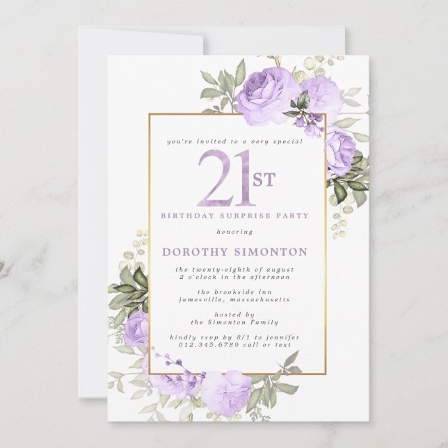 Invitation Purple Gold Floral 21e anniversaire Surprise Party (Devant)