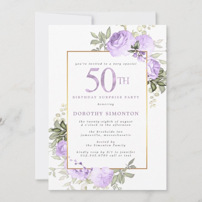 Invitation Purple Gold Floral 50e anniversaire Surprise Party (Devant)