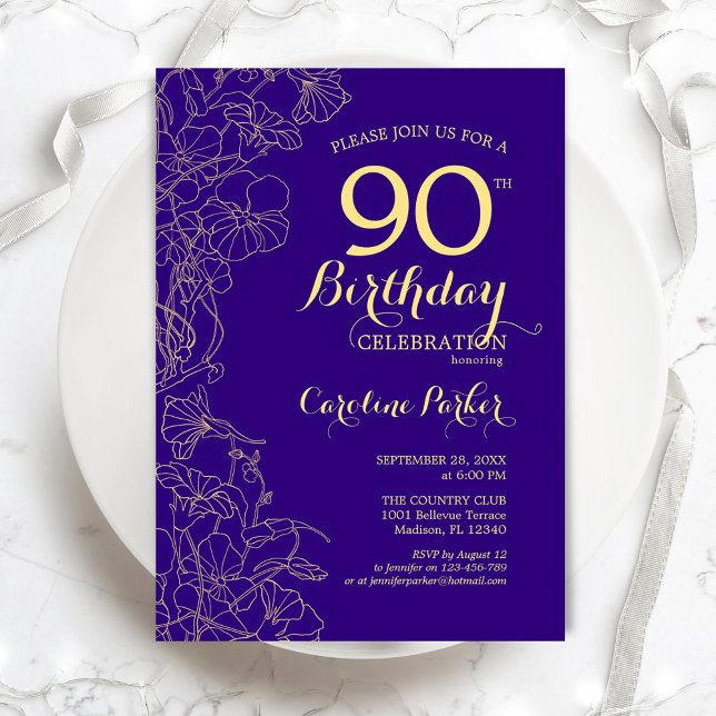 Invitation Purple Gold Floral 90e fête d'anniversaire (Créateur téléchargé)