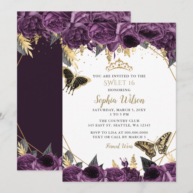 Invitation Purple Gold Floral Butterfly Sweet 16 (Devant / Derrière)
