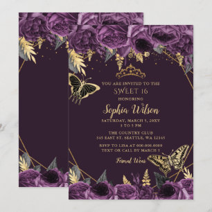 Invitation Purple Gold Floral Butterfly Sweet 16