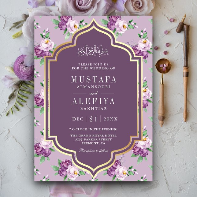 Invitation Purple Gold Floral modèle Mariage musulman (Créateur téléchargé)