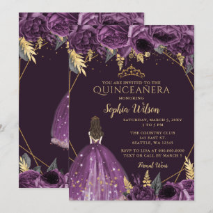 Invitation Purple Gold Floral Princess Quinceañera Invitatiat