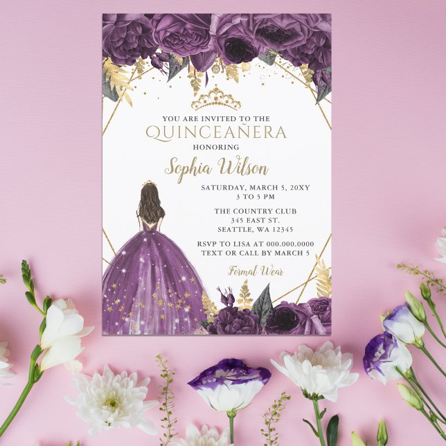 Invitation Purple Gold Floral Princess Quinceañera Invitatiat (Purple Gold Floral Princess Quinceañera  Invitation)