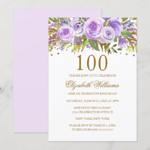 Invitation Purple Gold Floral Rose 100e anniversaire