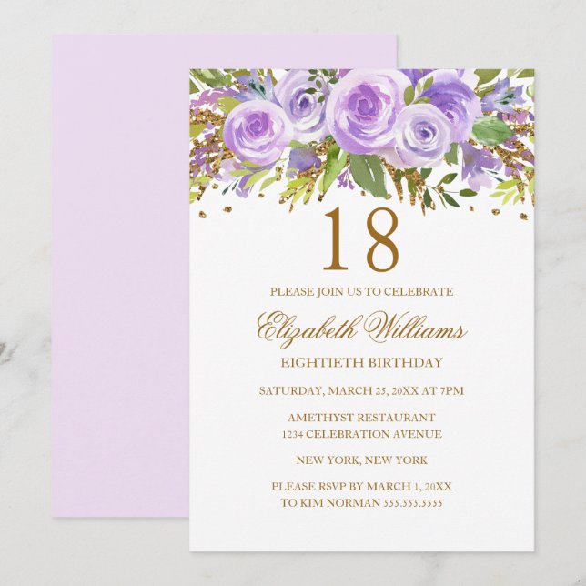 Invitation Purple Gold Floral Rose 18e anniversaire (Devant / Derrière)