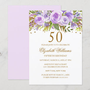 Invitation Purple Gold Floral Rose 50e anniversaire