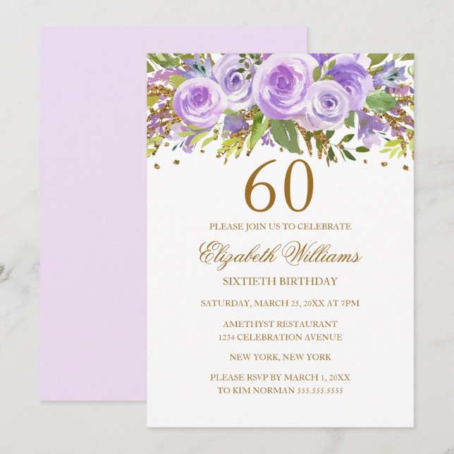 Invitation Purple Gold Floral Rose 60e anniversaire (Devant / Derrière)