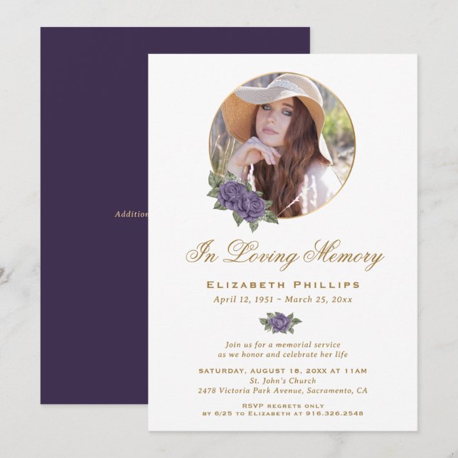 Invitation Purple Gold Floral Service funéraire (Devant / Derrière)