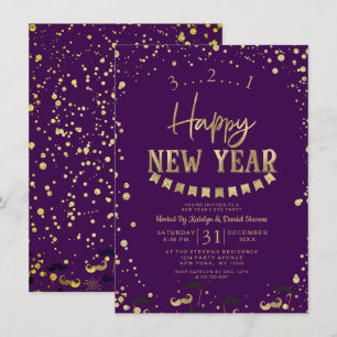 Invitation Purple & Gold Foil Confetti fête de la Saint-Sylve