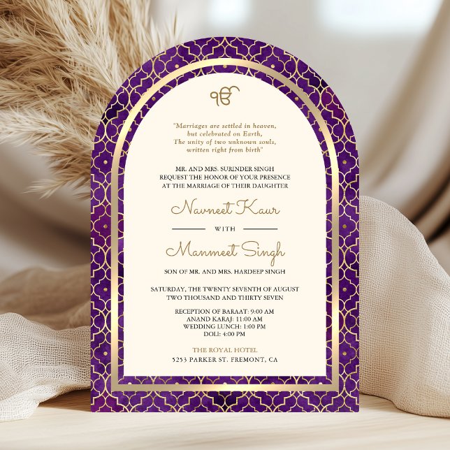 Invitation Purple Gold Marocain QR Code Sikh Arch Mariage (Créateur téléchargé)