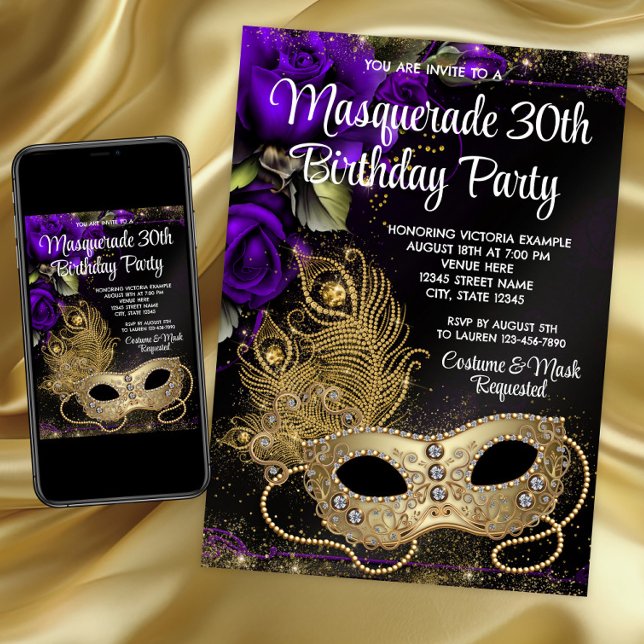 Invitation Purple Gold Masquerade (Purple and gold masquerade party and event invitation. Any number birthday. Download and printed.)