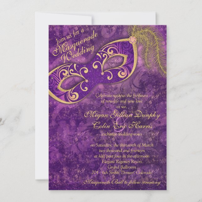 Invitation Purple Gold Masquerade Ball Mardi Gras Mariage (Devant)