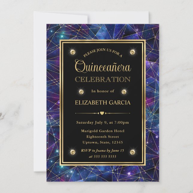 Invitation Purple & Gold Midnight Crystal Galaxy Quinceanera (Devant)